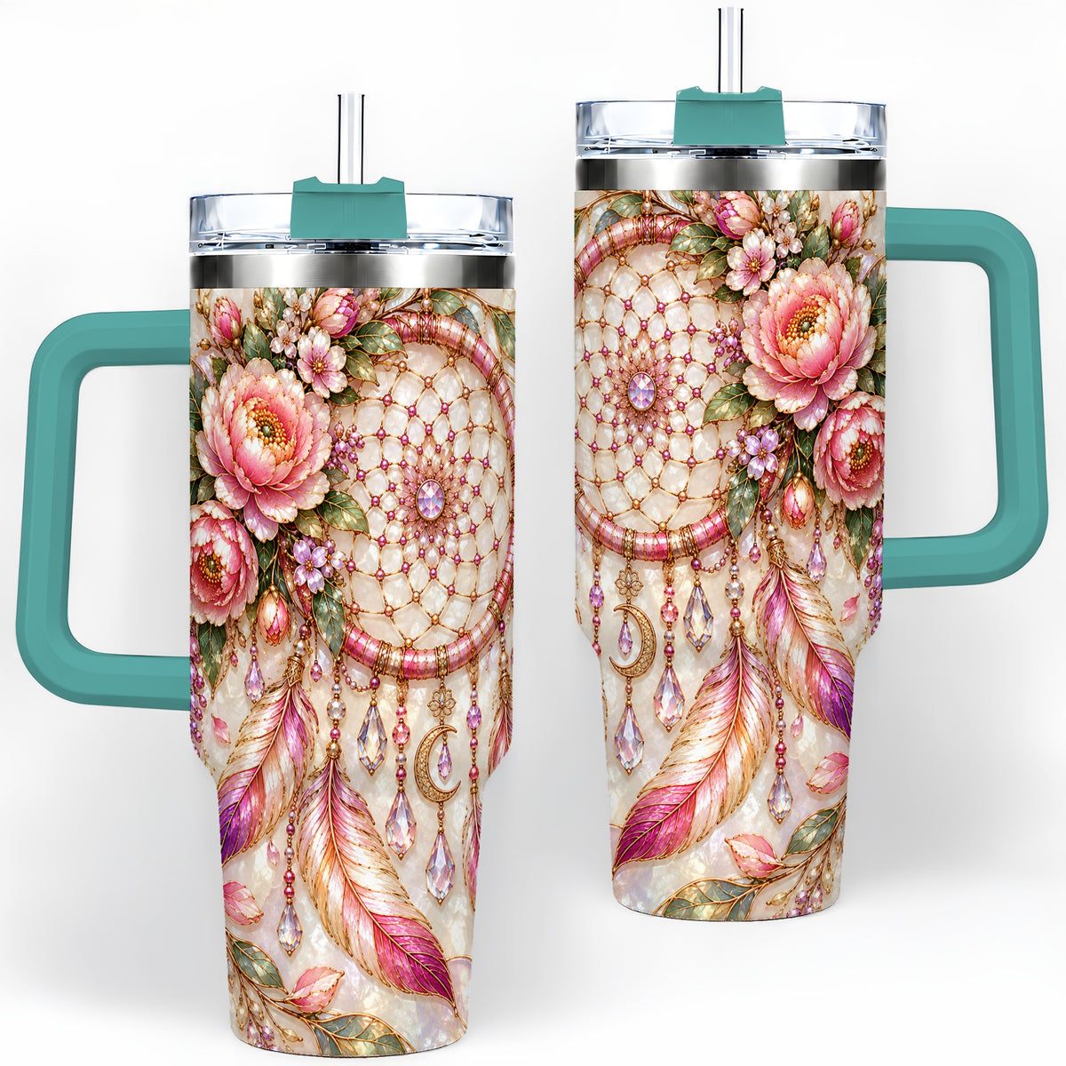 #pl[40oz|Green] Floral Dreamcatcher 40oz Tumbler, Pink Boho Daily Drinkware