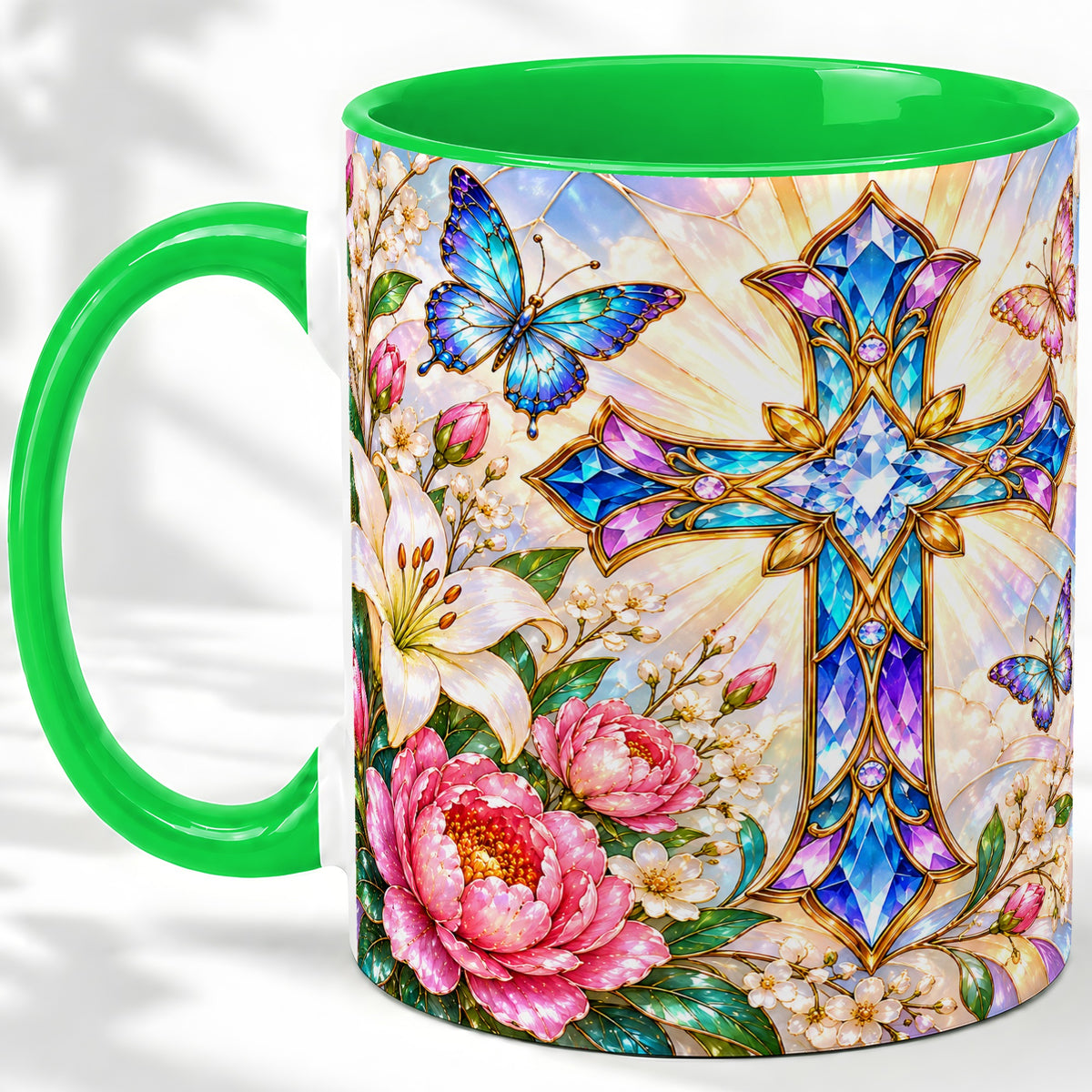 #pl[11oz|Green] Floral Cross Butterfly Accent Mug, Mug with Lily Artwork