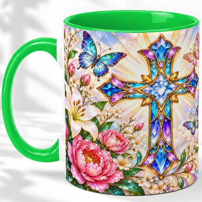 #pl[11oz|Green] Floral Cross Butterfly Accent Mug, Mug with Lily Artwork