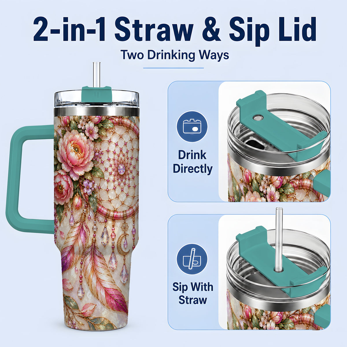 #pl[40oz|Green] Floral Dreamcatcher 40oz Tumbler, Pink Boho Daily Drinkware