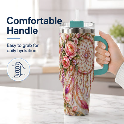 #pl[40oz|Green] Floral Dreamcatcher 40oz Tumbler, Pink Boho Daily Drinkware