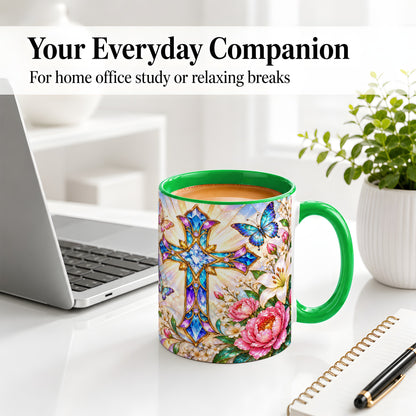 #pl[11oz|Green] Floral Cross Butterfly Accent Mug, Mug with Lily Artwork