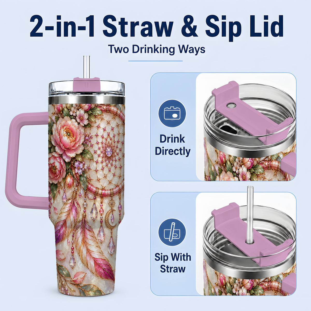 #pl[40oz|Pink] Floral Dreamcatcher 40oz Tumbler, Pink Boho Daily Drinkware