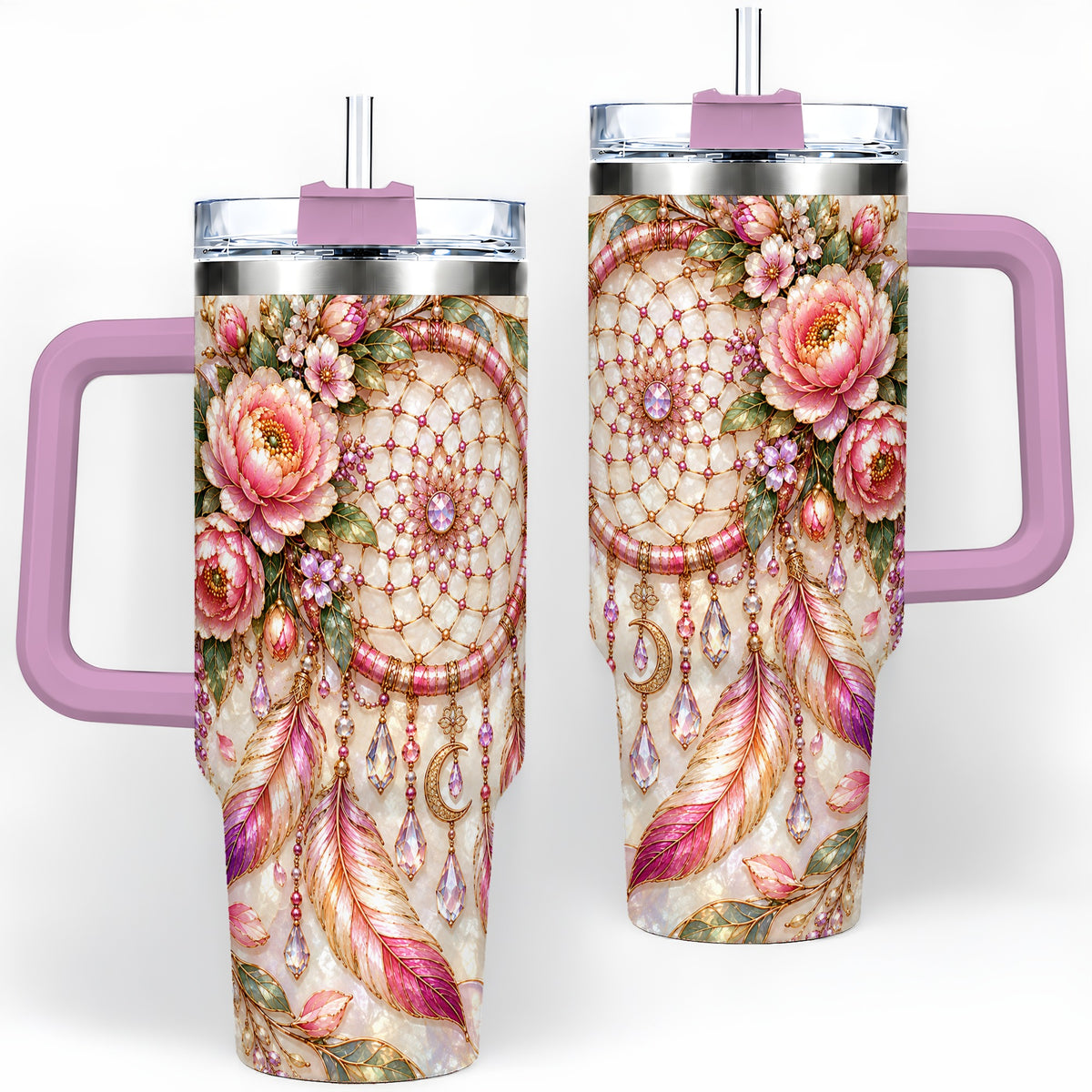 #pl[40oz|Pink] Floral Dreamcatcher 40oz Tumbler, Pink Boho Daily Drinkware