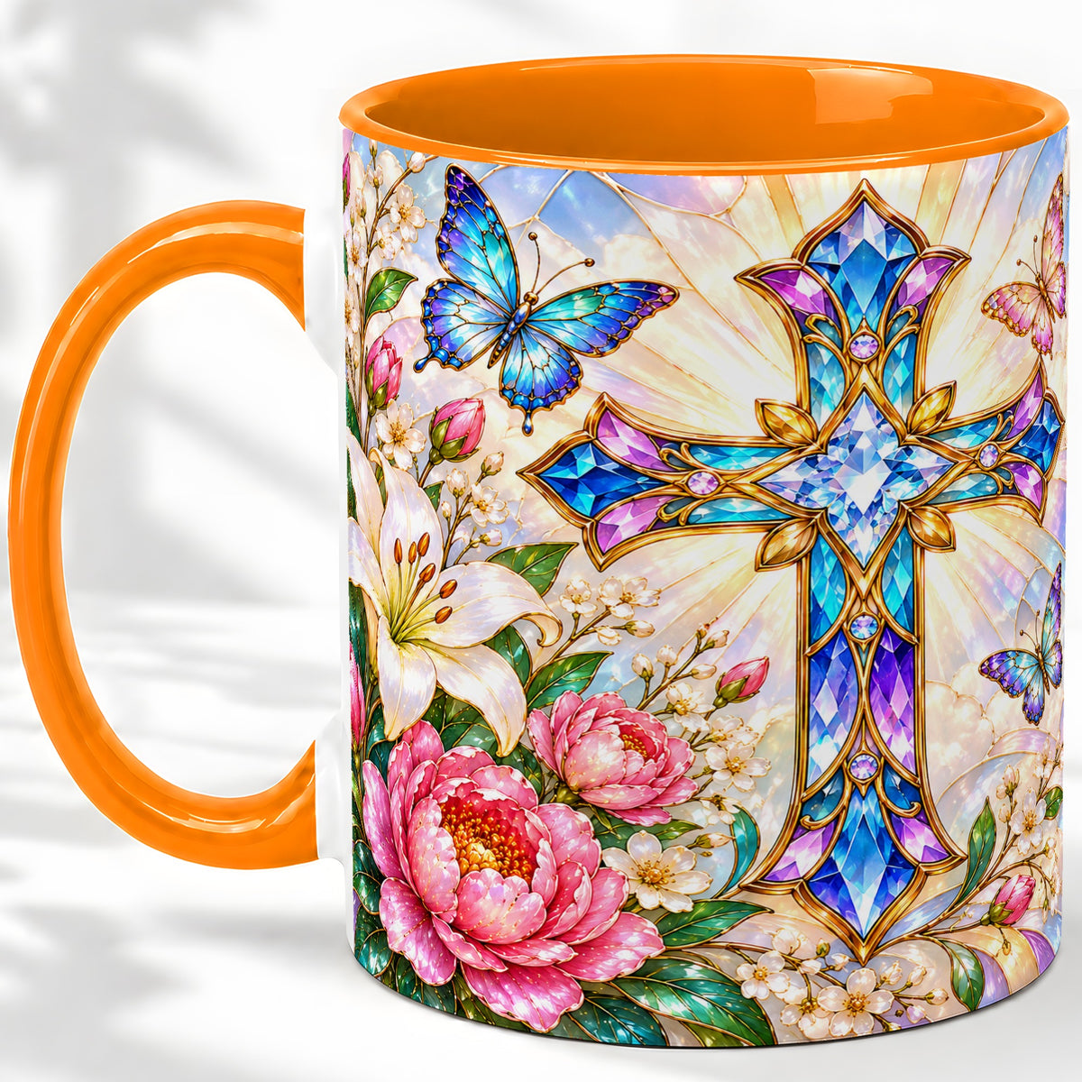 #pl[11oz|Orange] Floral Cross Butterfly Accent Mug, Mug with Lily Artwork