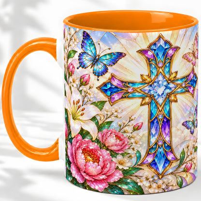 #pl[11oz|Orange] Floral Cross Butterfly Accent Mug, Mug with Lily Artwork