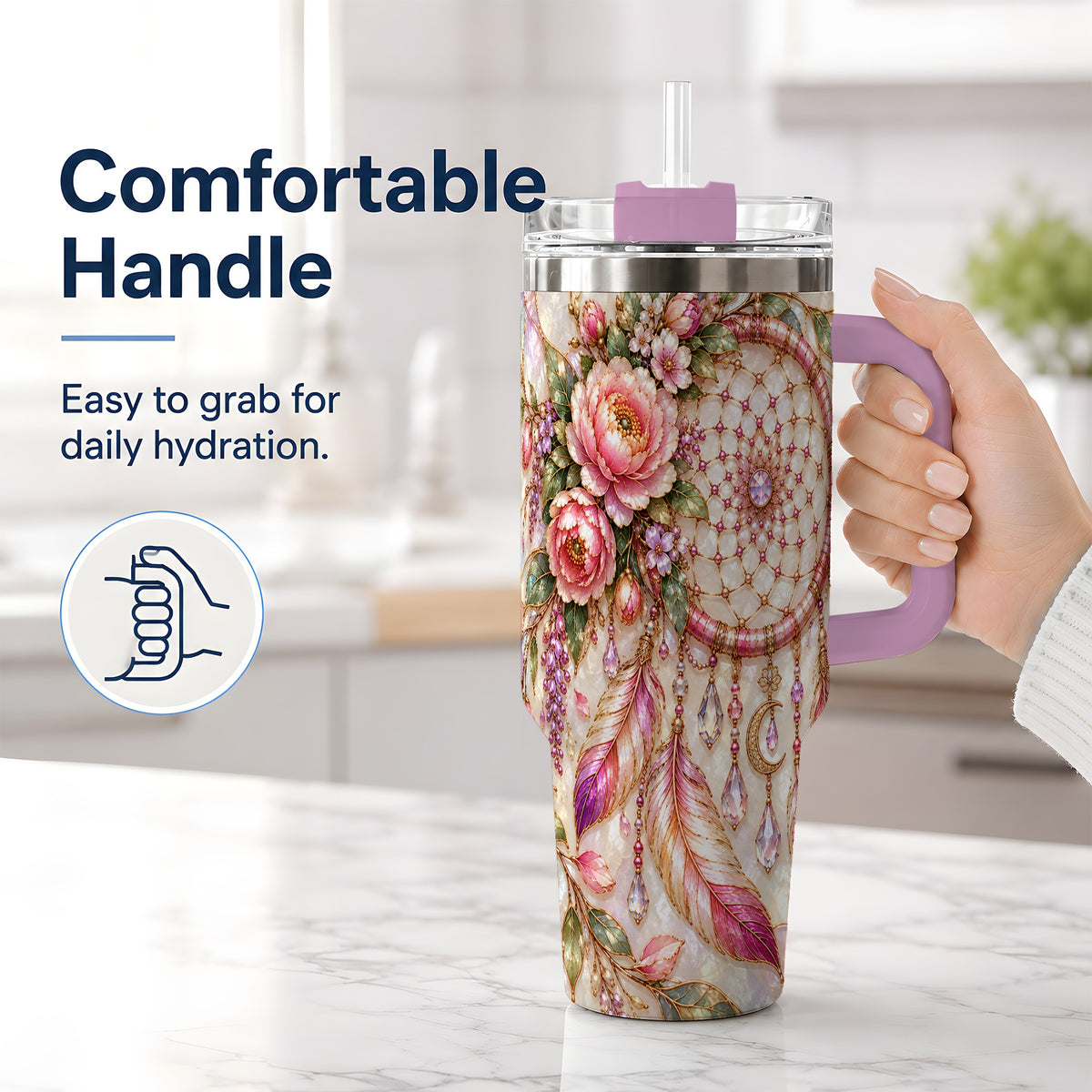 #pl[40oz|Pink] Floral Dreamcatcher 40oz Tumbler, Pink Boho Daily Drinkware