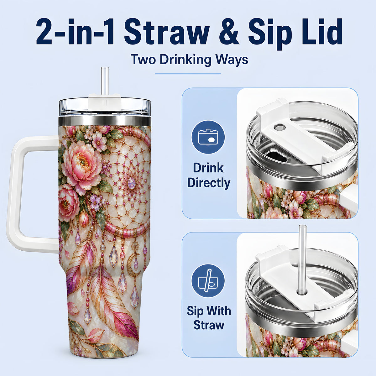 #pl[40oz|White] Floral Dreamcatcher 40oz Tumbler, Pink Boho Daily Drinkware