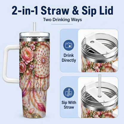 #pl[40oz|White] Floral Dreamcatcher 40oz Tumbler, Pink Boho Daily Drinkware