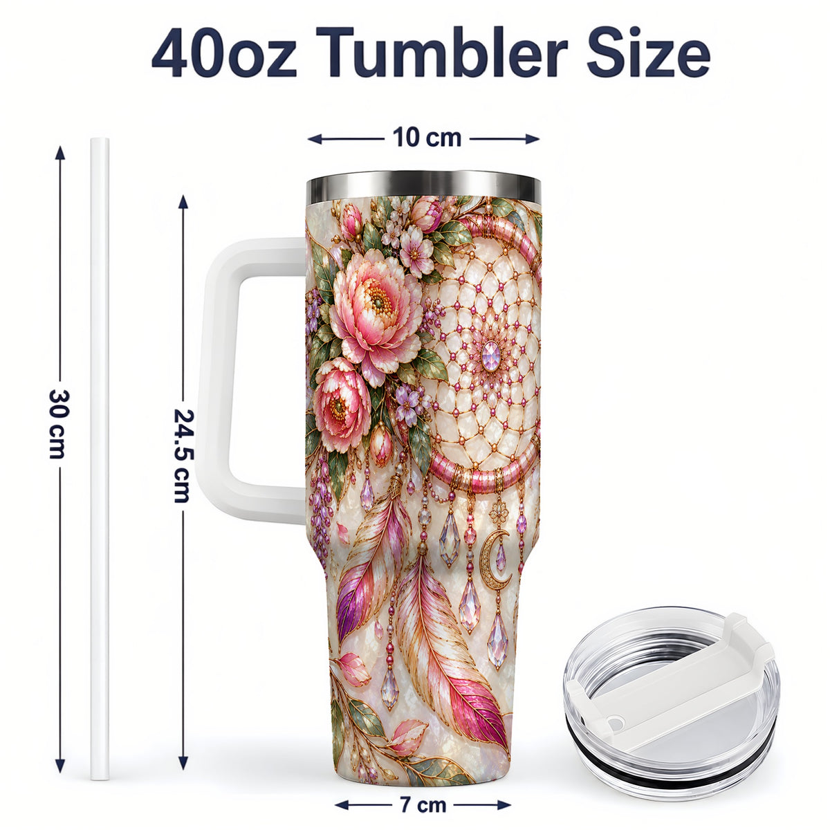 #pl[40oz|White] Floral Dreamcatcher 40oz Tumbler, Pink Boho Daily Drinkware