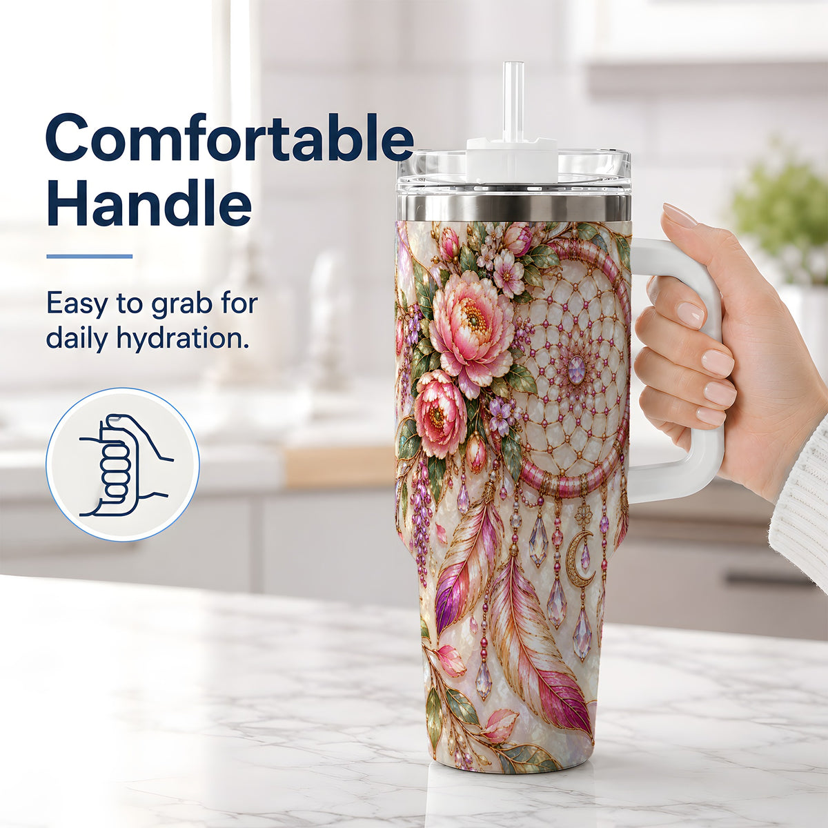#pl[40oz|White] Floral Dreamcatcher 40oz Tumbler, Pink Boho Daily Drinkware