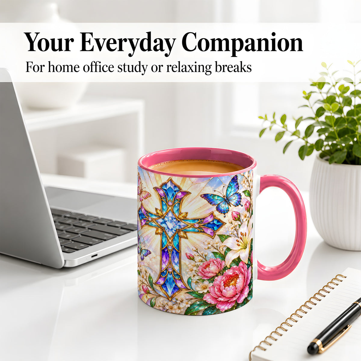 #pl[11oz|Pink] Floral Cross Butterfly Accent Mug, Mug with Lily Artwork