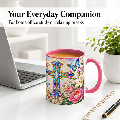 #pl[11oz|Pink] Floral Cross Butterfly Accent Mug, Mug with Lily Artwork