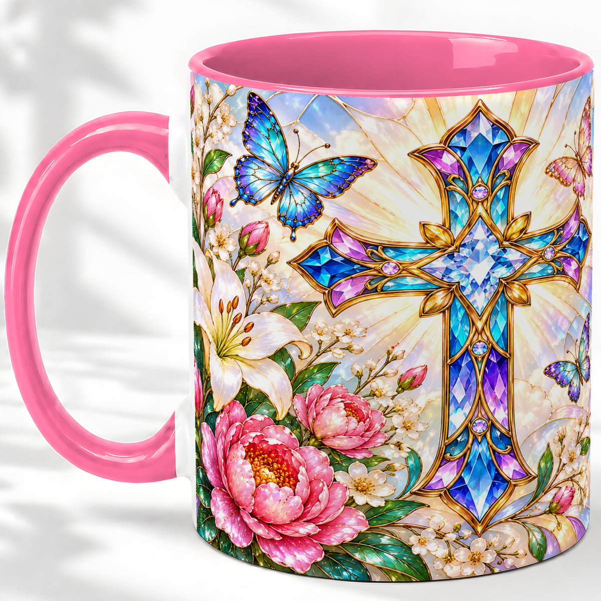 #pl[11oz|Pink] Floral Cross Butterfly Accent Mug, Mug with Lily Artwork