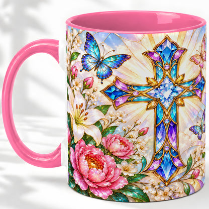 #pl[11oz|Pink] Floral Cross Butterfly Accent Mug, Mug with Lily Artwork