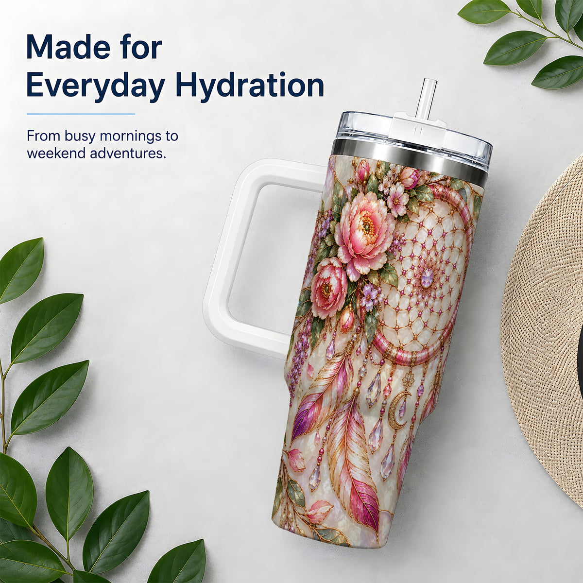 Floral Dreamcatcher 40oz Tumbler, Pink Boho Daily Drinkware