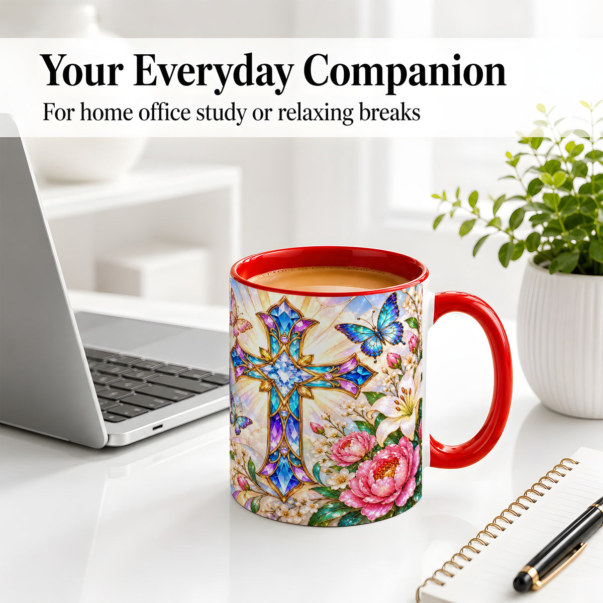 #pl[11oz|Red] Floral Cross Butterfly Accent Mug, Mug with Lily Artwork