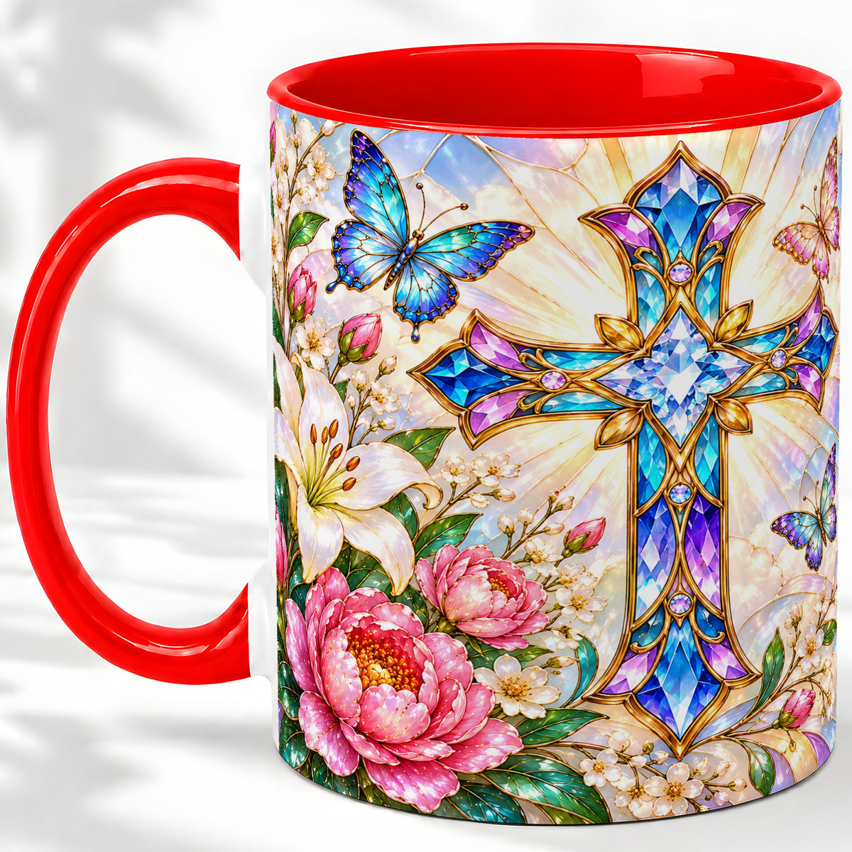 Floral Cross Butterfly Accent Mug, Mug with Lily Artwork