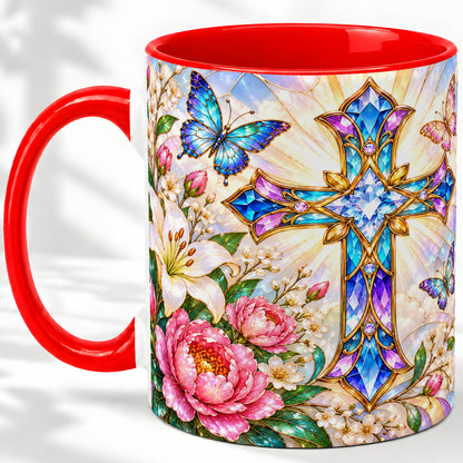 Floral Cross Butterfly Accent Mug, Mug with Lily Artwork