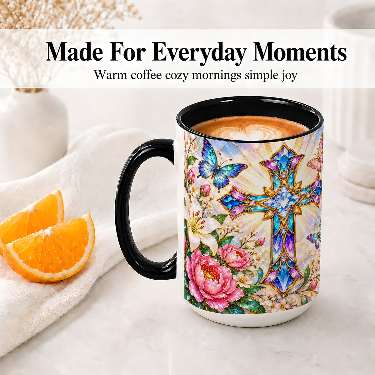 #pl[15oz|Black] Floral Cross Butterfly Accent Mug, Mug with Lily Artwork