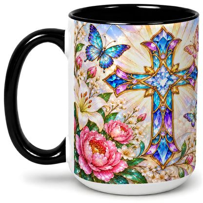 #pl[15oz|Black] Floral Cross Butterfly Accent Mug, Mug with Lily Artwork