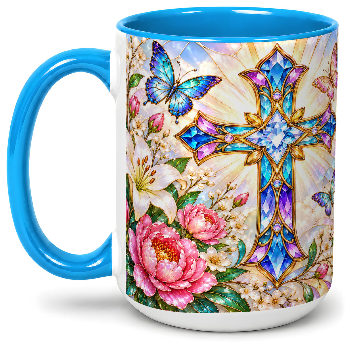 #pl[15oz|Blue] Floral Cross Butterfly Accent Mug, Mug with Lily Artwork