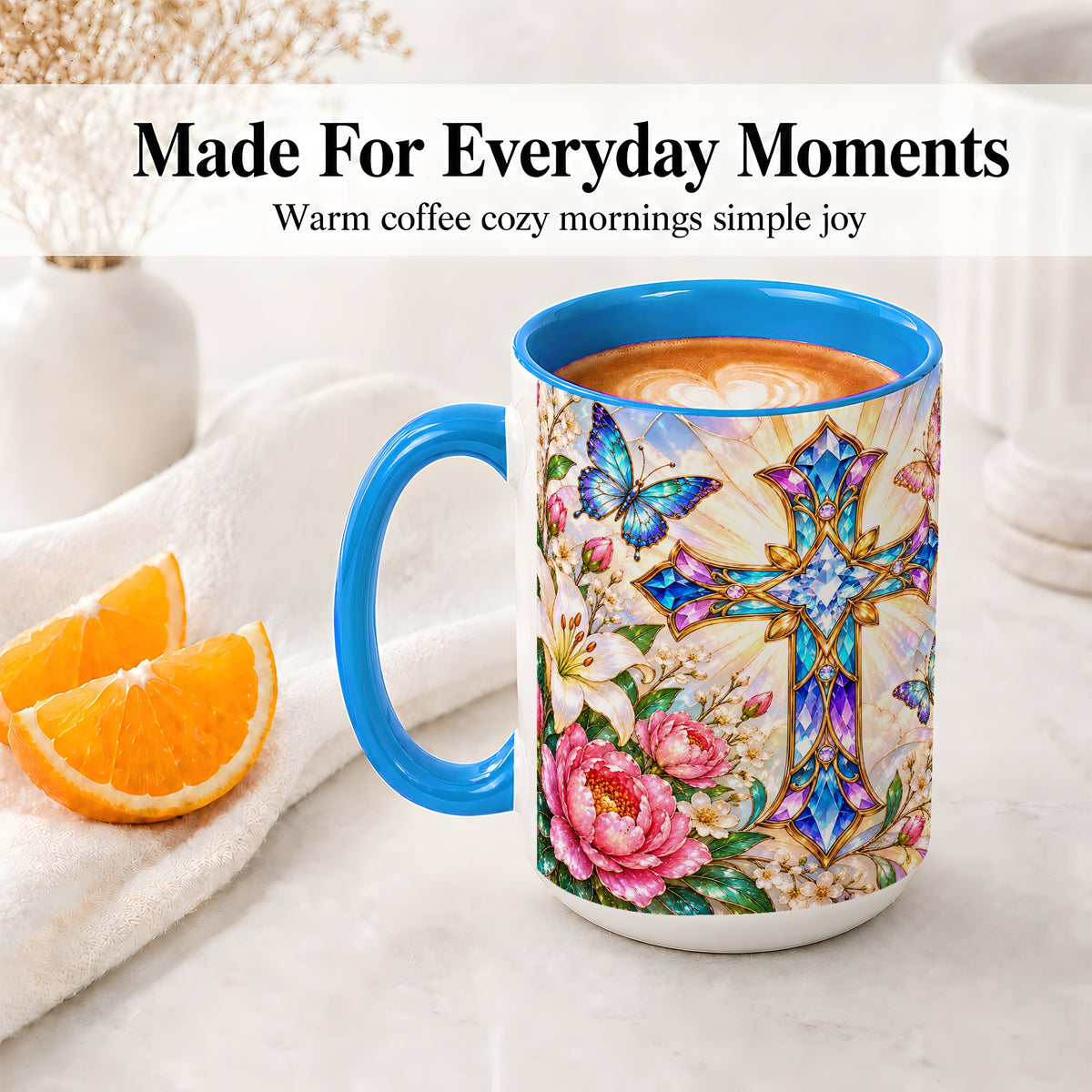#pl[15oz|Blue] Floral Cross Butterfly Accent Mug, Mug with Lily Artwork