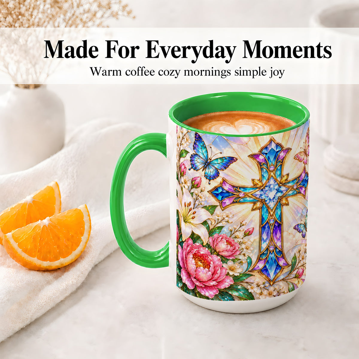 #pl[15oz|Green] Floral Cross Butterfly Accent Mug, Mug with Lily Artwork