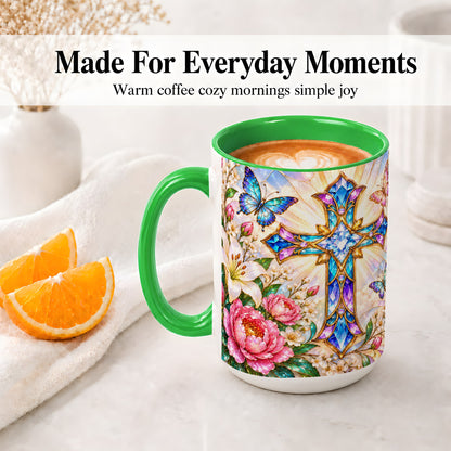#pl[15oz|Green] Floral Cross Butterfly Accent Mug, Mug with Lily Artwork