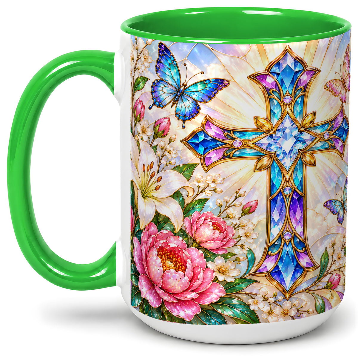 #pl[15oz|Green] Floral Cross Butterfly Accent Mug, Mug with Lily Artwork