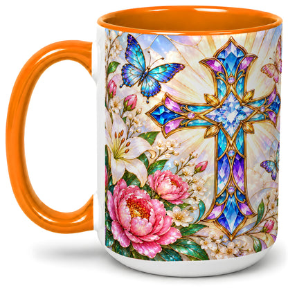 #pl[15oz|Orange] Floral Cross Butterfly Accent Mug, Mug with Lily Artwork