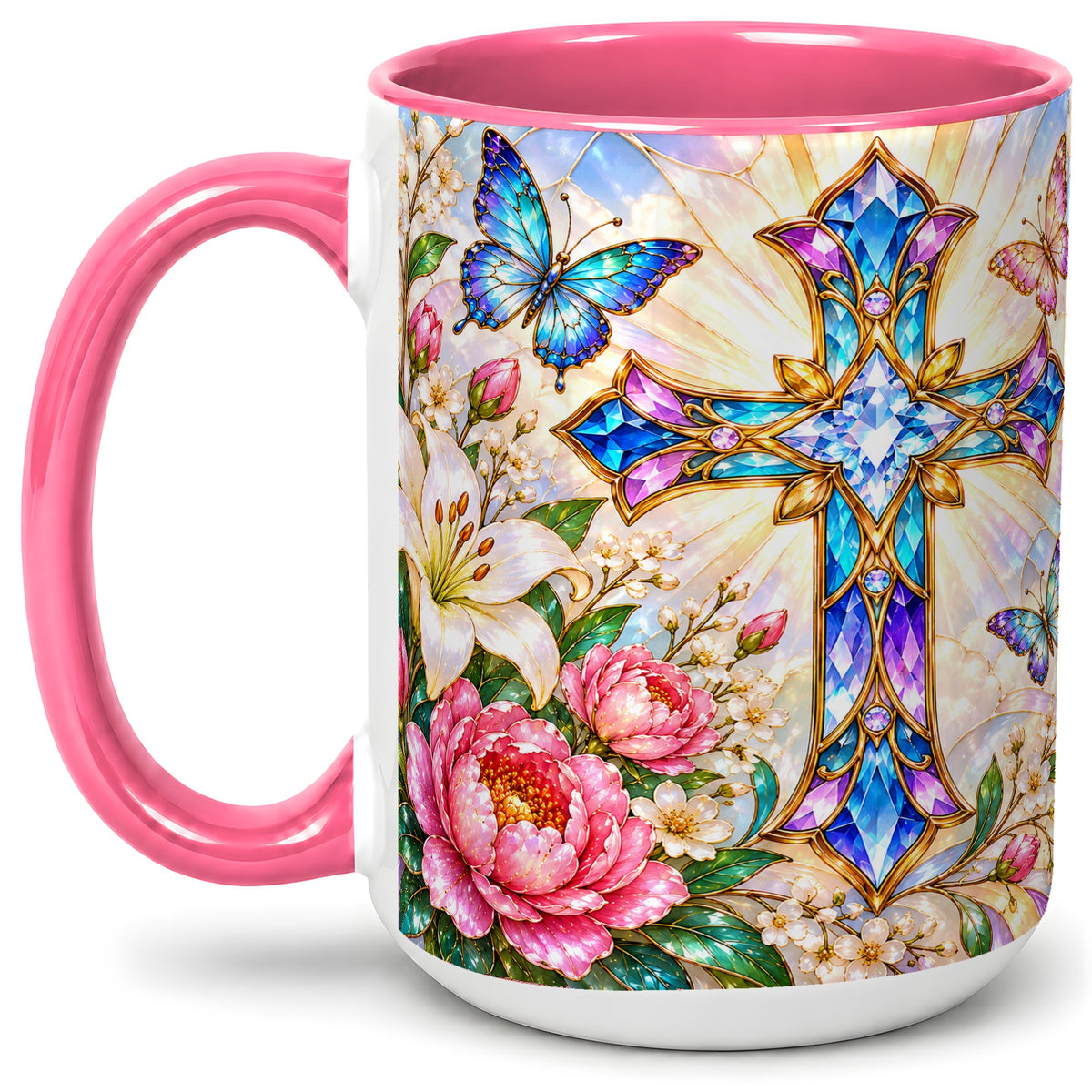#pl[15oz|Pink] Floral Cross Butterfly Accent Mug, Mug with Lily Artwork