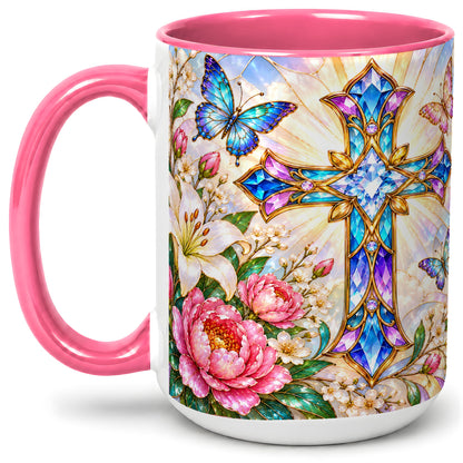 #pl[15oz|Pink] Floral Cross Butterfly Accent Mug, Mug with Lily Artwork