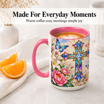 #pl[15oz|Pink] Floral Cross Butterfly Accent Mug, Mug with Lily Artwork
