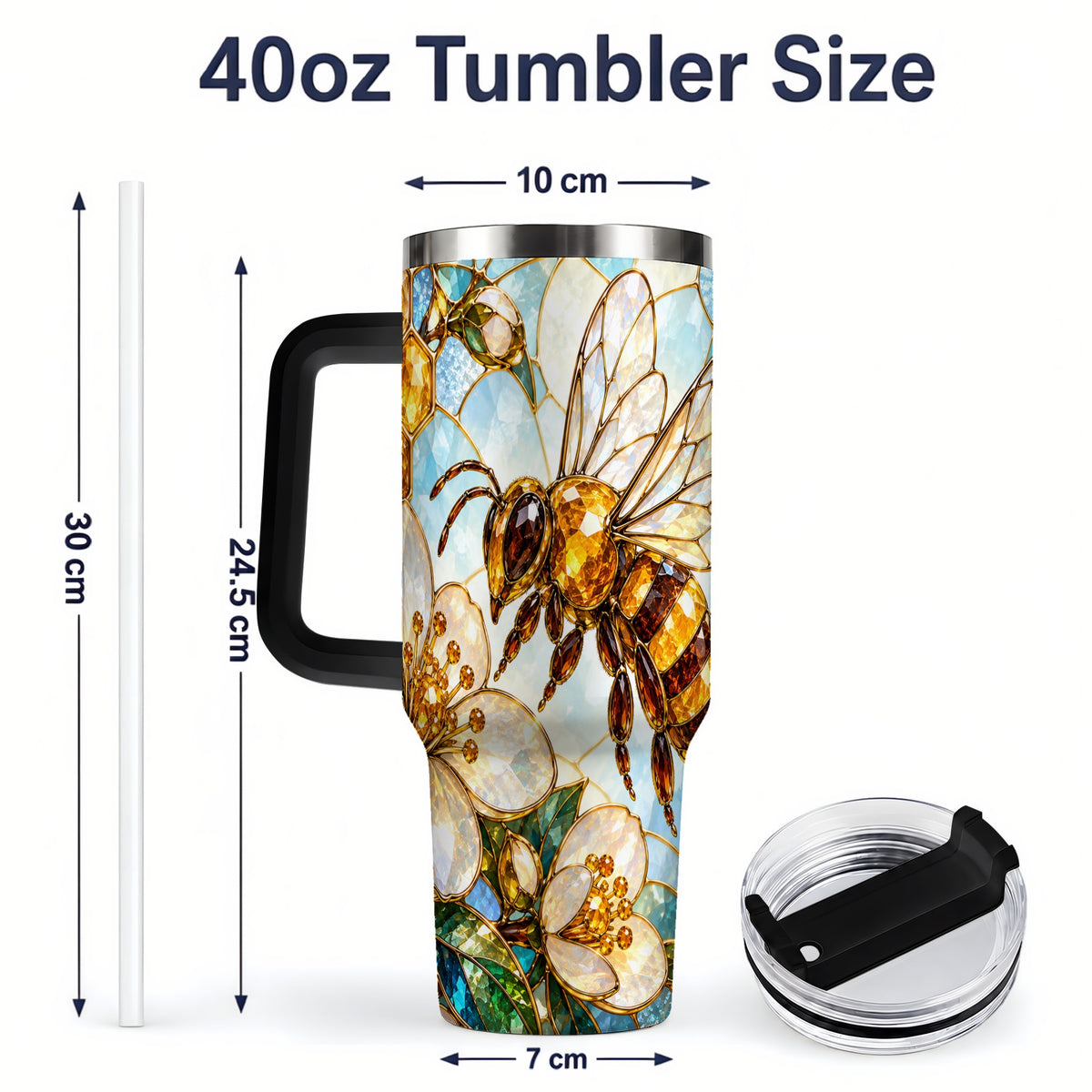 #pl[40oz|Black] Honey Bee Floral 40oz Tumbler, Stained Glass Style Drinkware