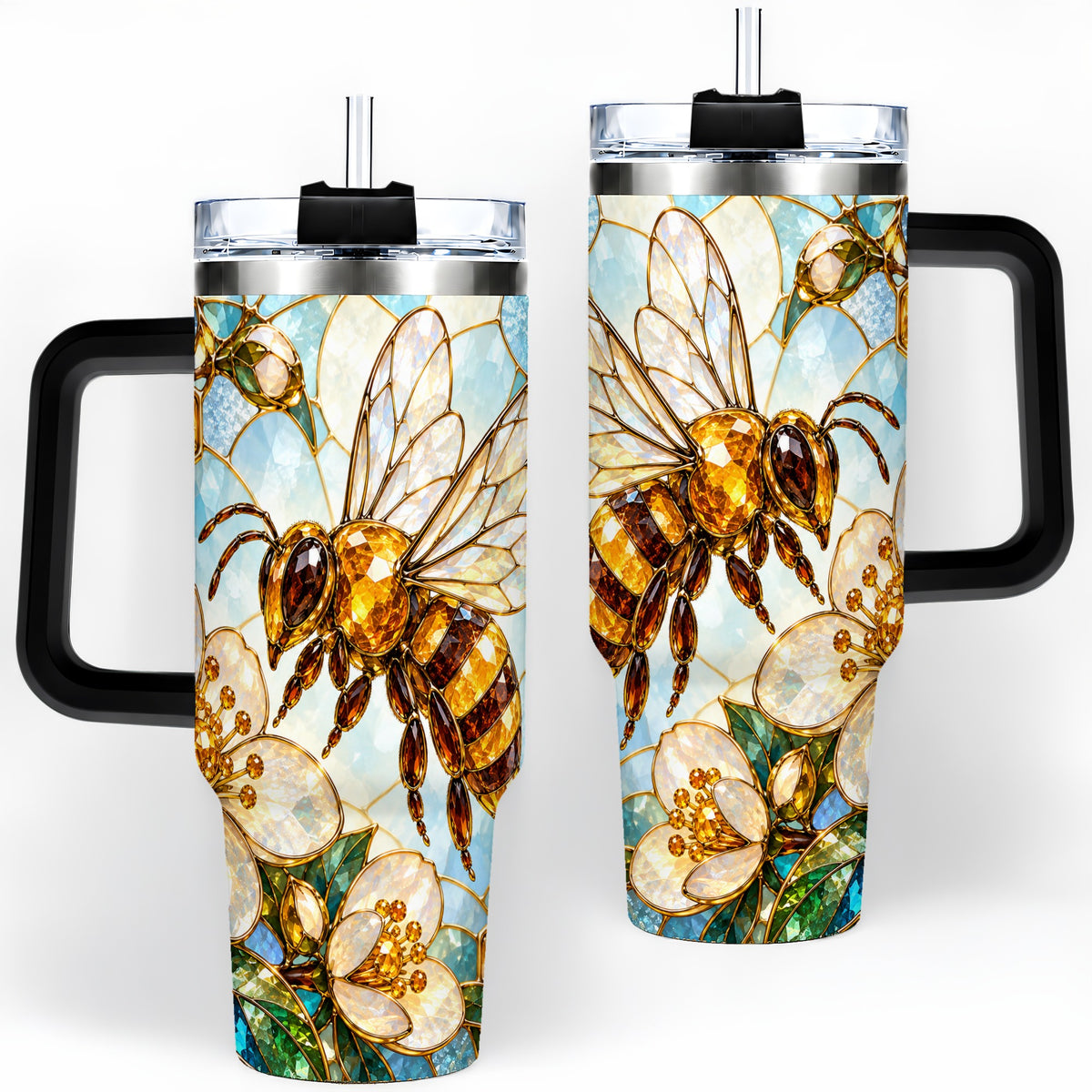#pl[40oz|Black] Honey Bee Floral 40oz Tumbler, Stained Glass Style Drinkware