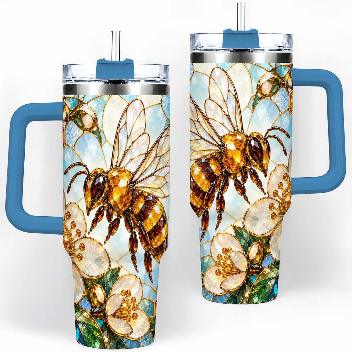 #pl[40oz|Blue] Honey Bee Floral 40oz Tumbler, Stained Glass Style Drinkware