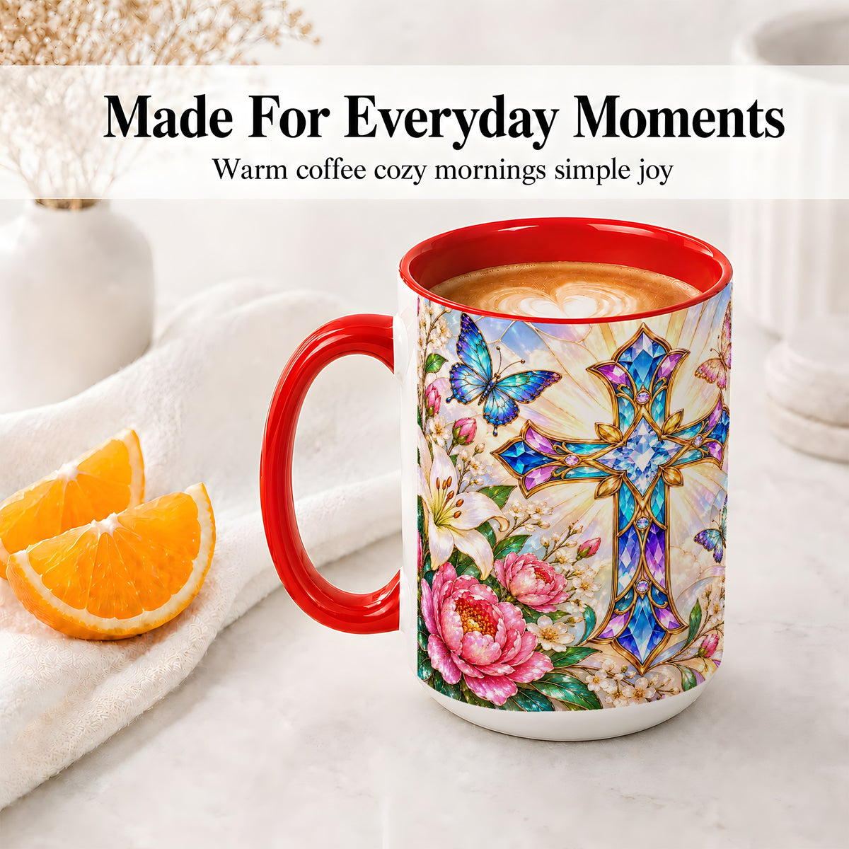 #pl[15oz|Red] Floral Cross Butterfly Accent Mug, Mug with Lily Artwork