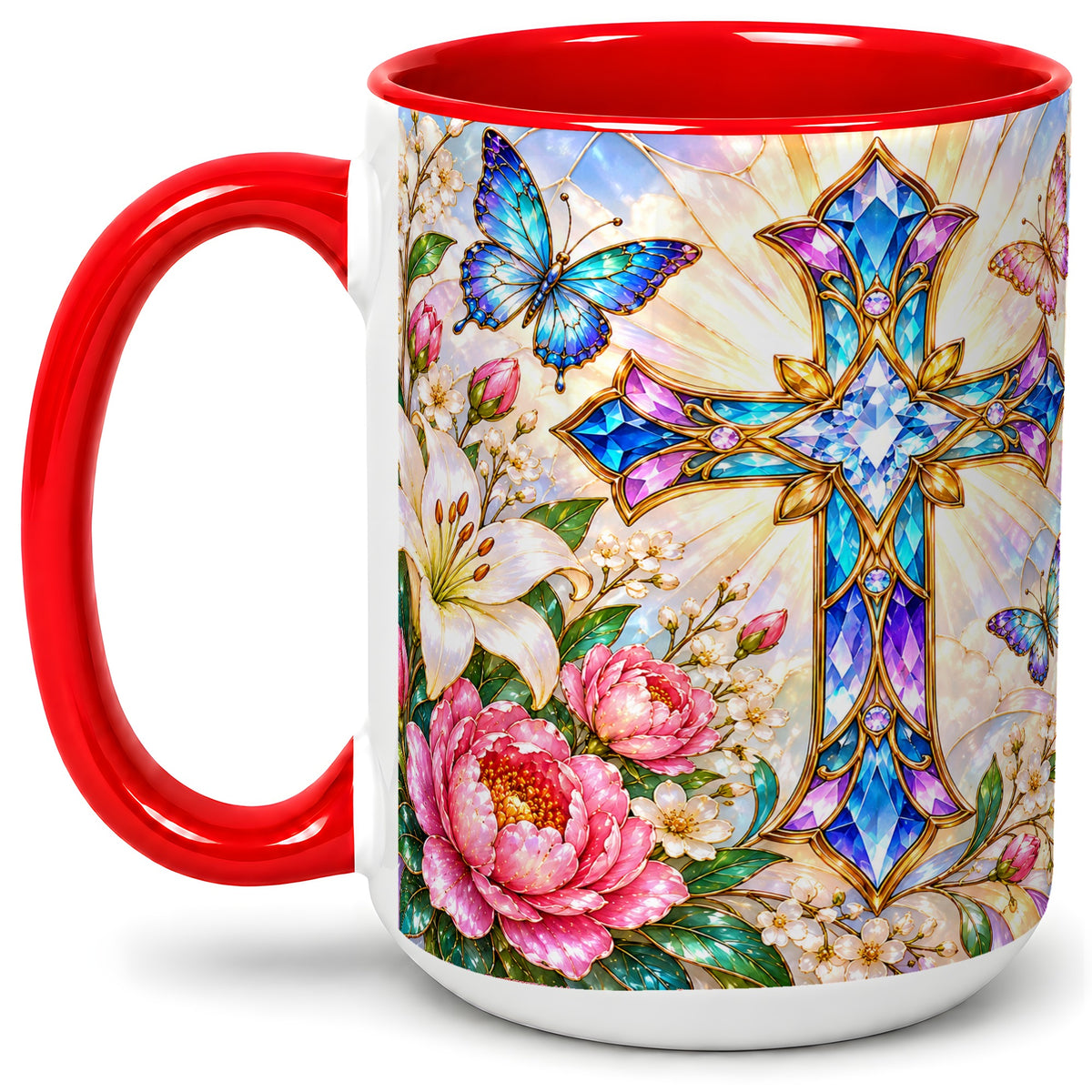 #pl[15oz|Red] Floral Cross Butterfly Accent Mug, Mug with Lily Artwork