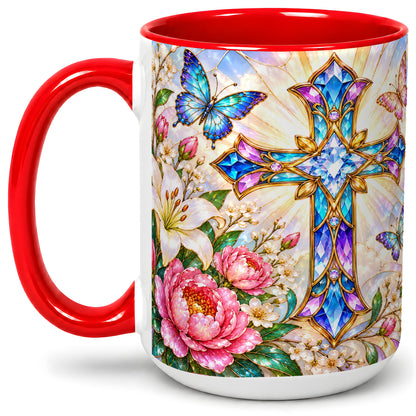 #pl[15oz|Red] Floral Cross Butterfly Accent Mug, Mug with Lily Artwork