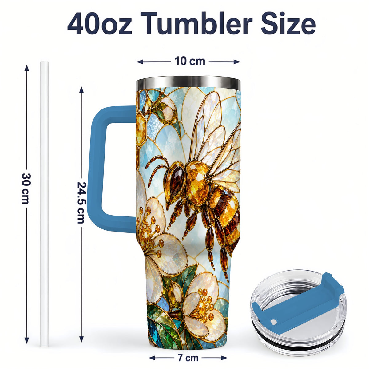 #pl[40oz|Blue] Honey Bee Floral 40oz Tumbler, Stained Glass Style Drinkware