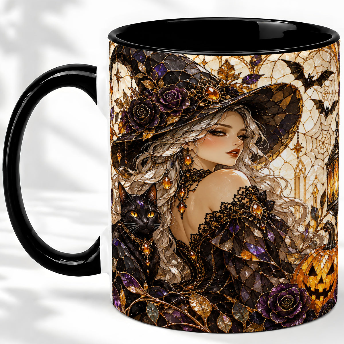 #pl[11oz|Black] Halloween Witch Cat Accent Mug, Mug with Pumpkin Artwork