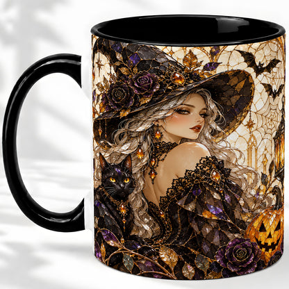 #pl[11oz|Black] Halloween Witch Cat Accent Mug, Mug with Pumpkin Artwork