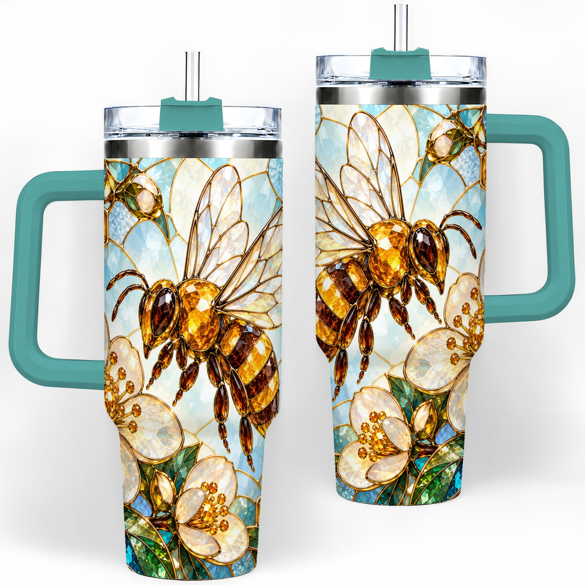 #pl[40oz|Green] Honey Bee Floral 40oz Tumbler, Stained Glass Style Drinkware