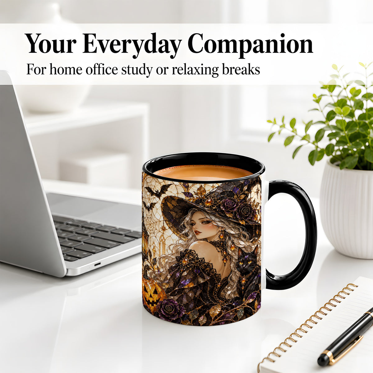 #pl[11oz|Black] Halloween Witch Cat Accent Mug, Mug with Pumpkin Artwork