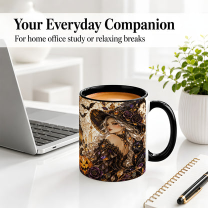 #pl[11oz|Black] Halloween Witch Cat Accent Mug, Mug with Pumpkin Artwork