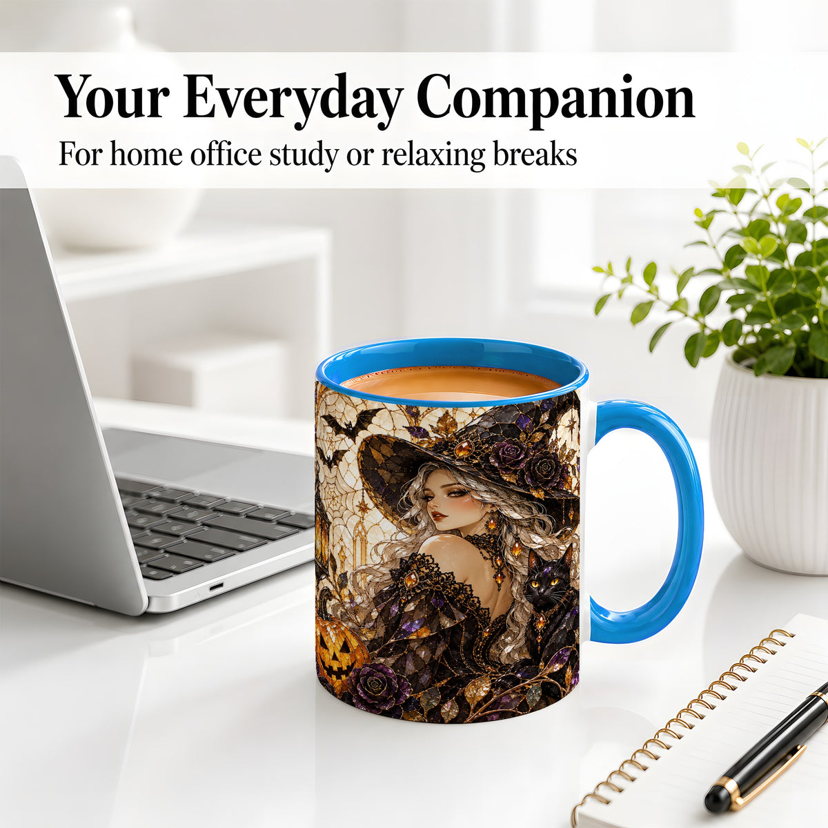 #pl[11oz|Blue] Halloween Witch Cat Accent Mug, Mug with Pumpkin Artwork