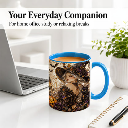 #pl[11oz|Blue] Halloween Witch Cat Accent Mug, Mug with Pumpkin Artwork