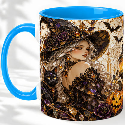 #pl[11oz|Blue] Halloween Witch Cat Accent Mug, Mug with Pumpkin Artwork