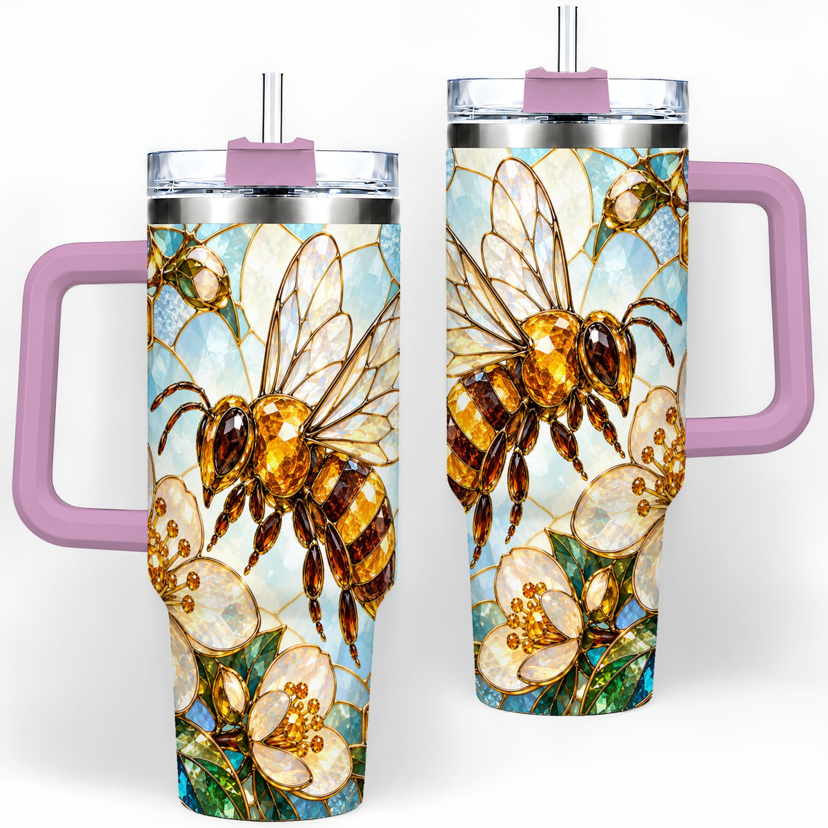 #pl[40oz|Pink] Honey Bee Floral 40oz Tumbler, Stained Glass Style Drinkware